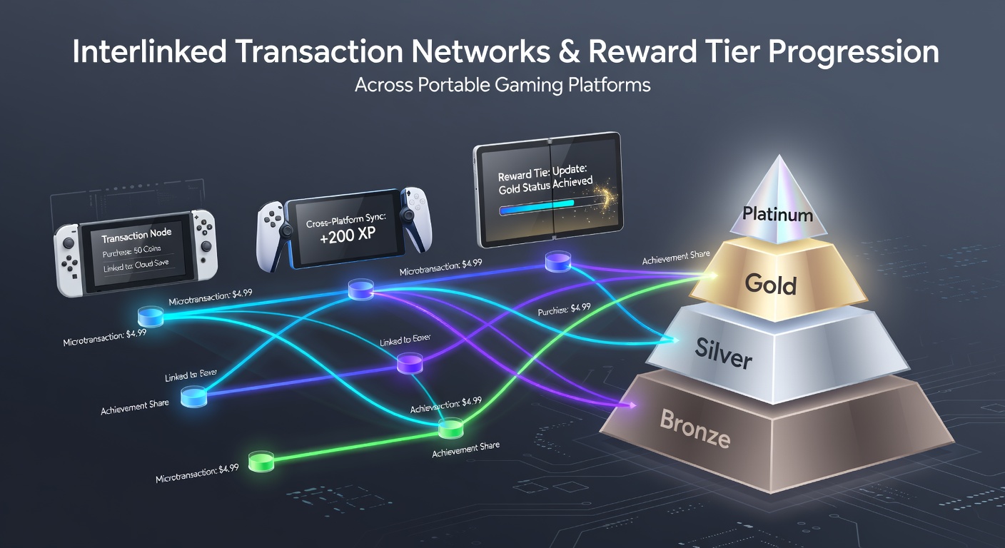 Interconnected mobile gaming devices displaying transaction flows and reward tier interfaces on portable platforms