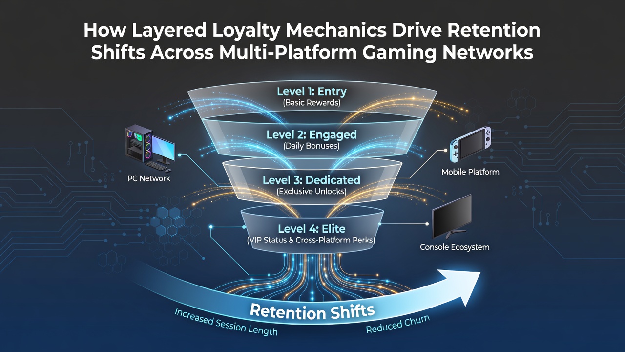 Diagram showing layered loyalty tiers progressing across mobile, desktop, and console gaming platforms with retention metrics