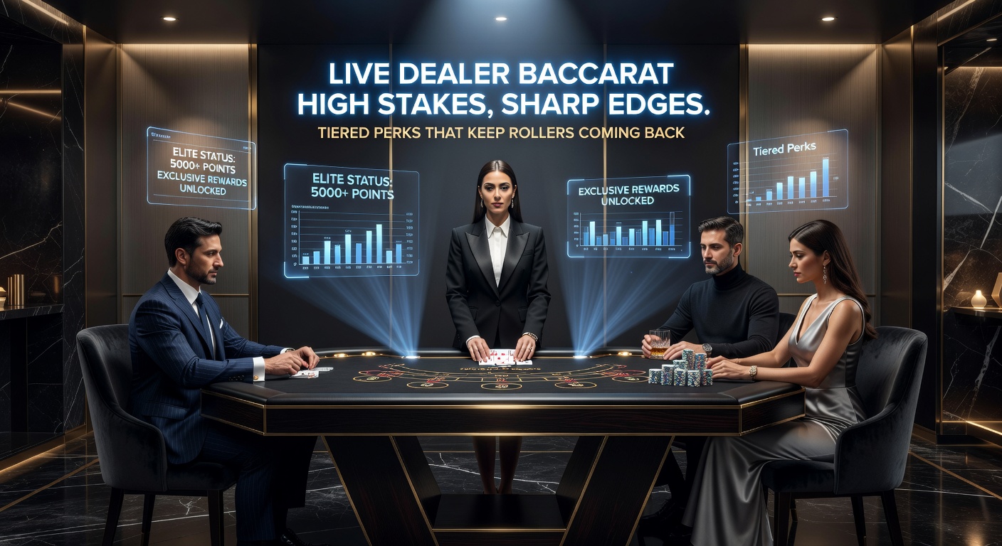 Live dealer baccarat VIP table with high-stakes action, elegant dealer dealing cards amid towering chip stacks and luxury backdrop