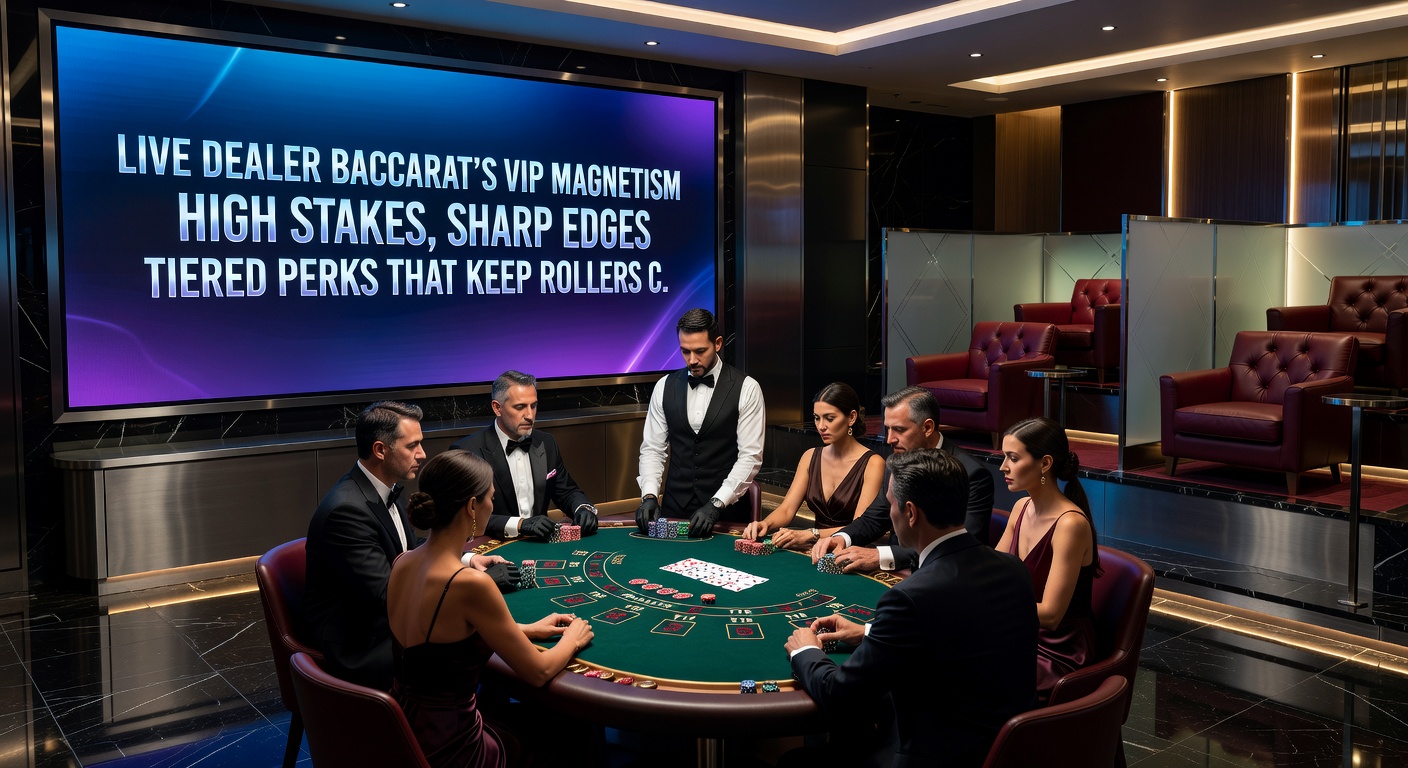 High roller at live dealer baccarat squeezing cards dramatically, surrounded by luxury chips and digital VIP interface