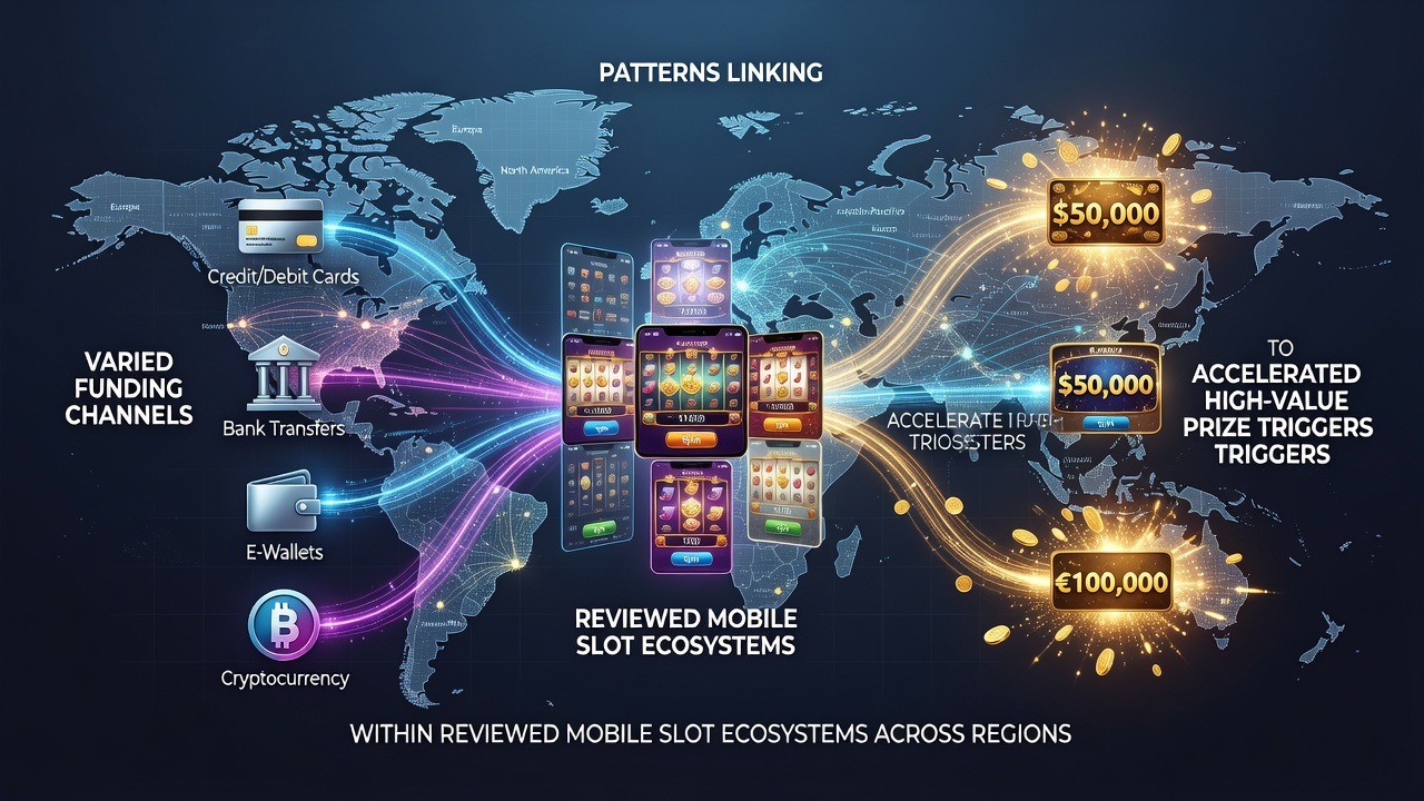 Mobile slot interfaces displaying funding options and prize trigger animations across different regional platforms