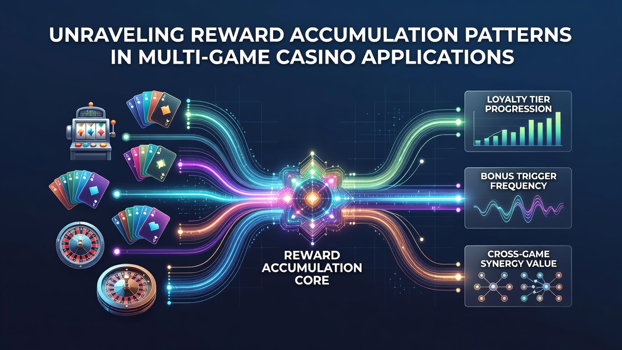 Visualization of reward points flowing across multiple casino game interfaces on a mobile screen